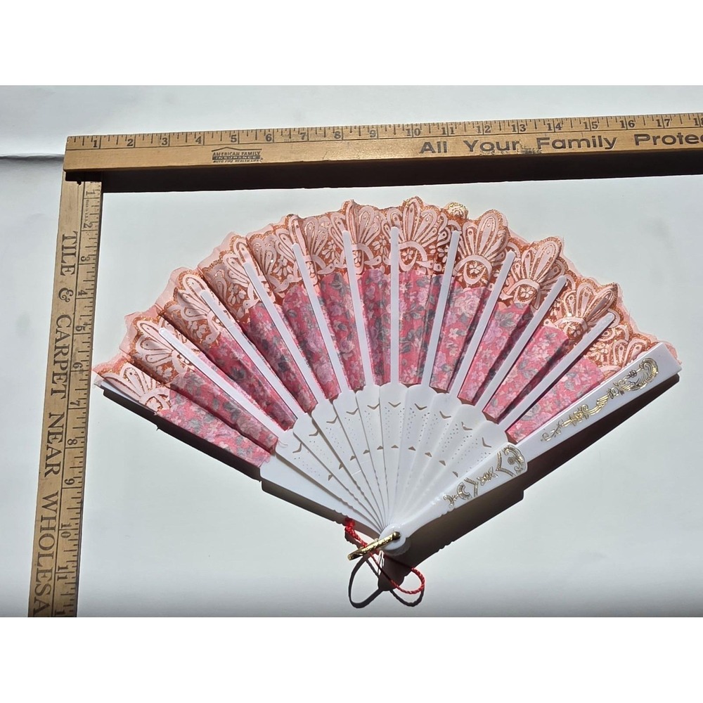 Vintage Floral Folding Hand Fan Pink Red Gold Lace Trim Decorative Asian... - Picture 3 of 6